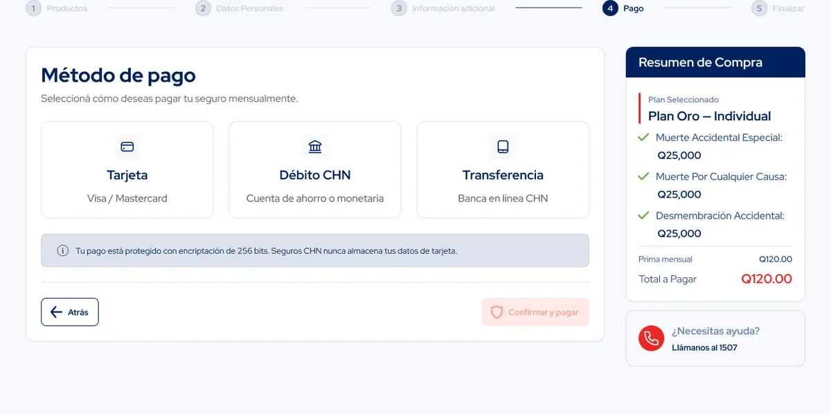 Paso 4: tres métodos de pago sin seleccionar y el botón de confirmar inactivo
